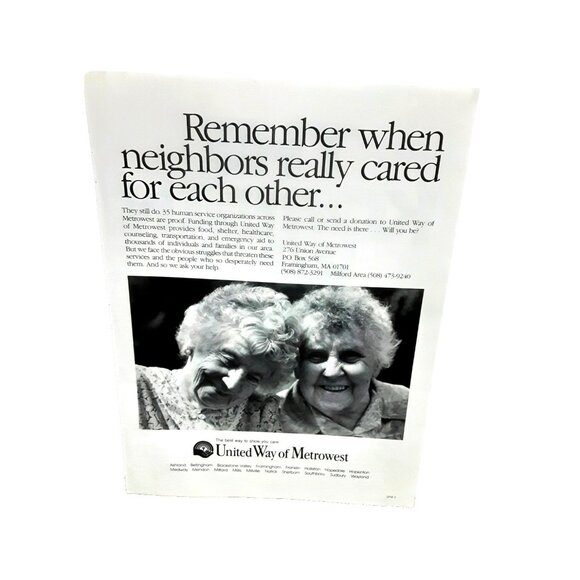 1991 United Way of Metrowest Print Ad Remember When Neighbors Cared - Picture 1 of 2